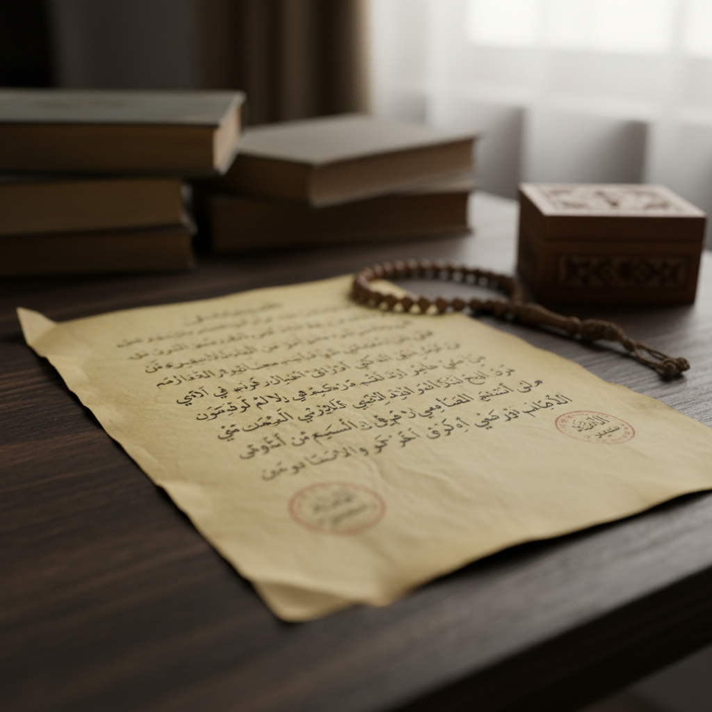 صورة فوتوغرافية لوثيقة ورقية قديمة موضوعة بعناية على طاولة خشبية داكنة ذات عروق واضحة، الورق مصفرّ وغير منتظم الحواف، تظهر عليه كتابات عربية بخط مائل أنيق دون أن تكون مقروءة، مع أختام دائرية باهتة تعطي إيحاءً رسمياً دون تفاصيل نصية واضحة. بجانب الوثيقة تُرى سبحة حجرية قديمة وصندوق خشبي صغير بنقوش بسيطة، في الخلفية البعيدة ضبابية تتراكم بعض الكتب المغبرة. الإضاءة من نافذة جانبية خارج الكادر، ضوء نهار ناعم ومشتت يخلق تدرجات لطيفة على الورق ويُبرز تجاعيده الدقيقة. تُلتقط الصورة من زاوية مائلة قريبة مع عمق ميدان ضحل، لتُضفي جواً أرشيفياً وقوراً يوحي بحفظ التاريخ وإرث أهل المحرد بأسلوب تصويري كلاسيكي.